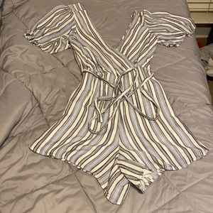 Woman’s XXS Blue Rain Romper Deep V. Blue, White, and Black Stripes